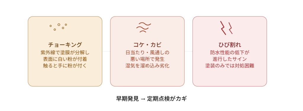 屋根劣化の3つのサイン（チョーキング・コケ・カビ・ひび割れ）を危険度順に色分けした図解