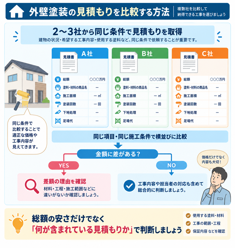 外壁塗装の見積もりをA社・B社・C社で同じ条件にそろえ、総額・塗料・施工面積・塗装回数・下地処理・足場代を比較し、差額の理由まで確認する方法を示した図解。