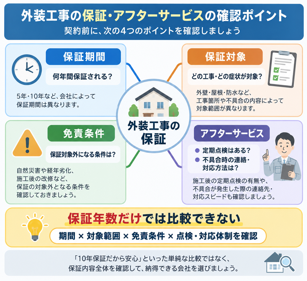 外装工事の保証を比較する際に、保証期間・保証対象・免責条件・アフターサービスの4項目を確認し、保証年数だけで判断しないことを示した図解 