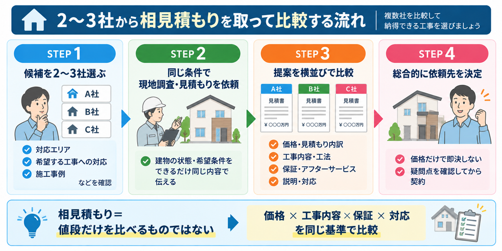 候補を2〜3社選び、同じ条件で現地調査・見積もりを依頼し、価格・工事内容・保証・対応を比較して依頼先を決める流れを示した図解。
